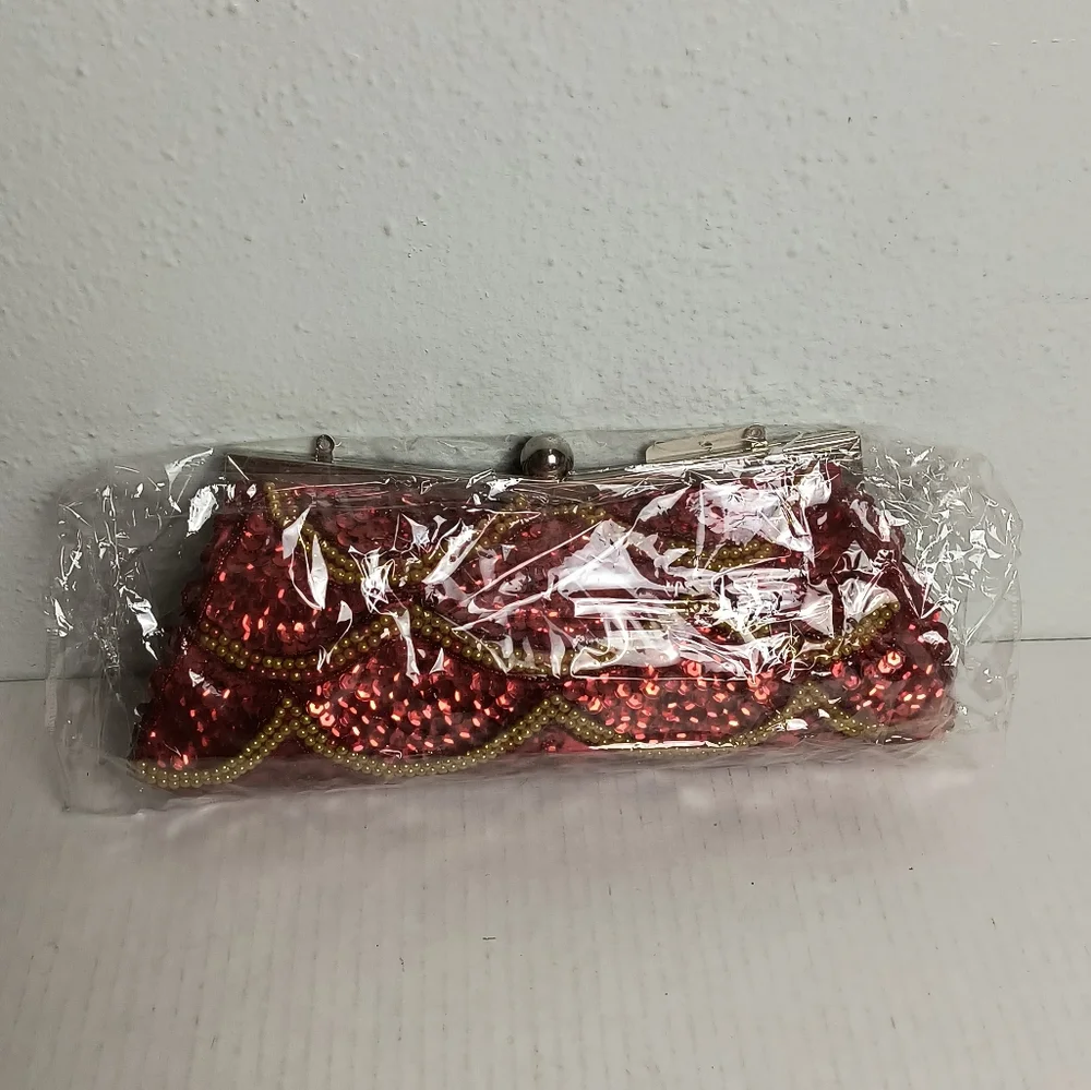 Evening Sequin Satin Mini Bag Beads Clutch Kiss Lock Red Metal Two Strap_13